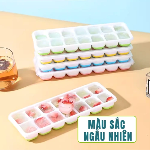 Khay Làm Đá Silicon 14 Ô Có Nắp Đậy - Khay Đựng Đá Tủ Lạnh, Làm Đá Thạch Kem Bảo Quản Chống Mùi, Vách Chống Tràn-FL02
